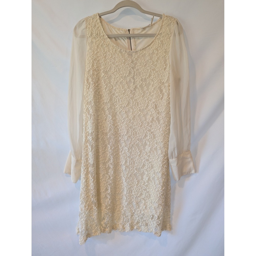 Blu Pepper Ivory Floral Lace Long Sheer Sleeve Shift Mini Dress L party bridal